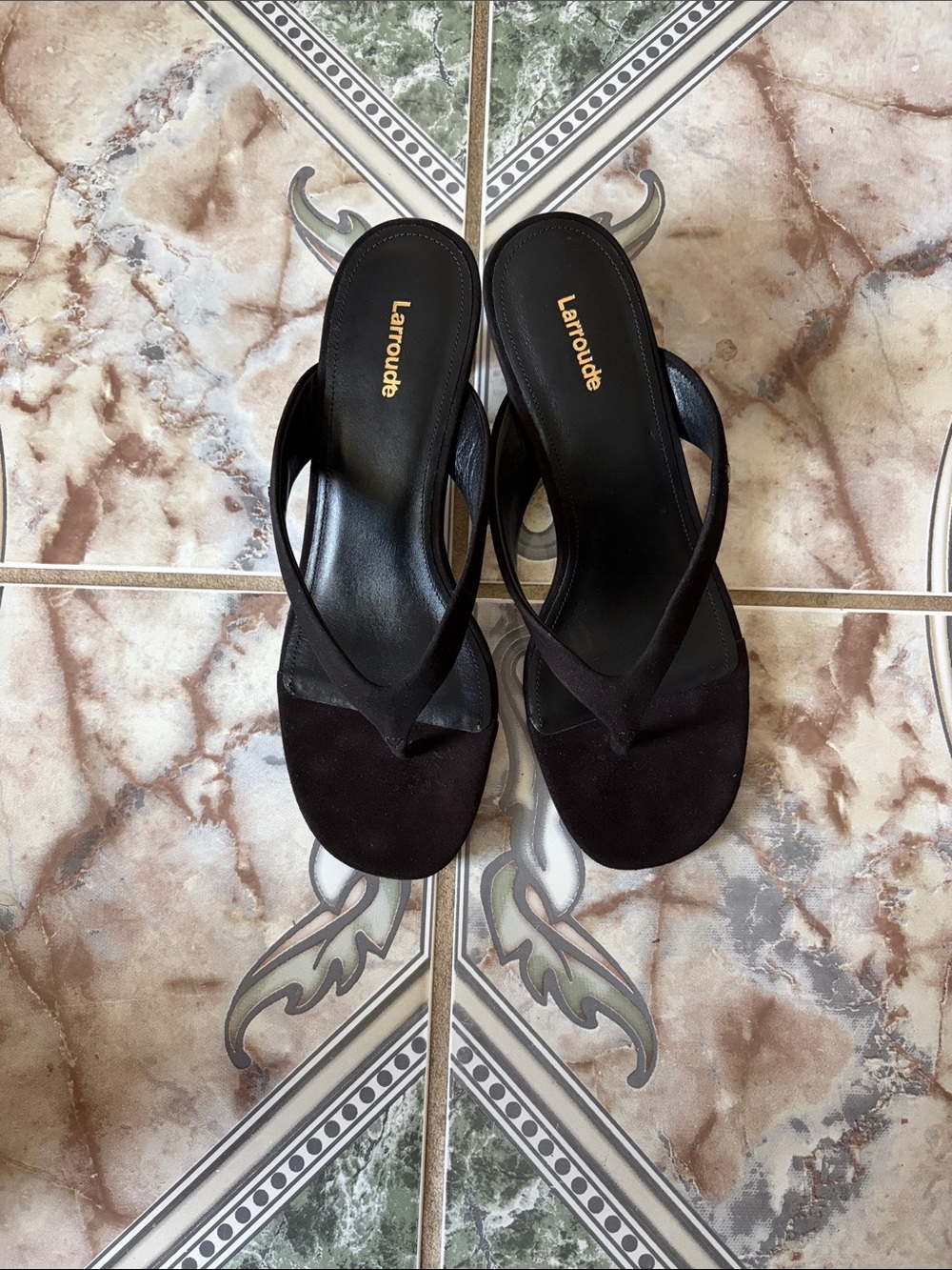 Larroude Black Suede Thong Mules